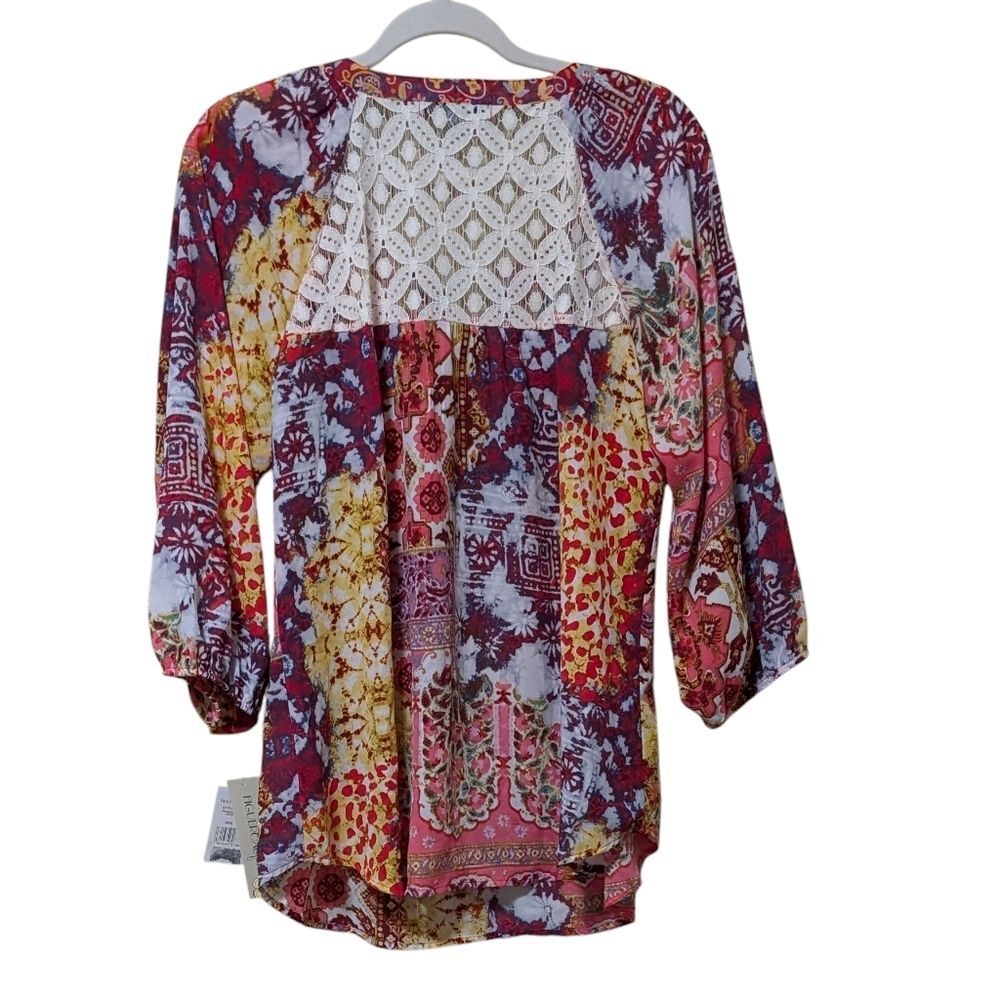NWT Figueroa & Flower peasant blouse raspberry lace multi color plus career 1X - Picture 2 of 11